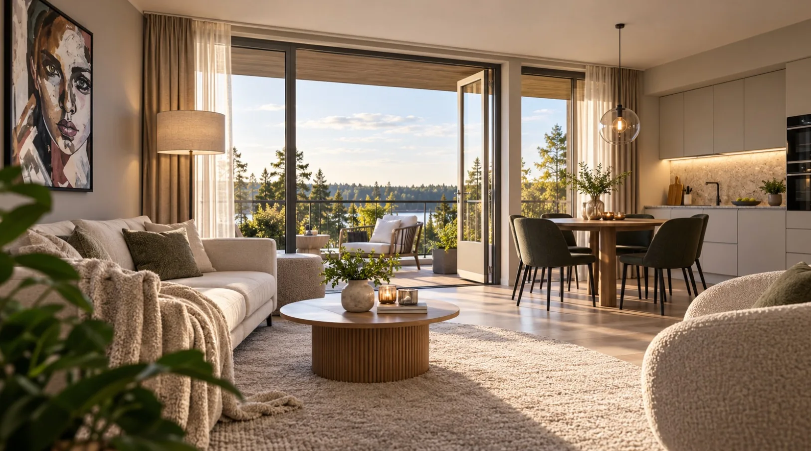 Visionsbild av vardagsrum och kök med stora glaspartier i hotellkonceptet