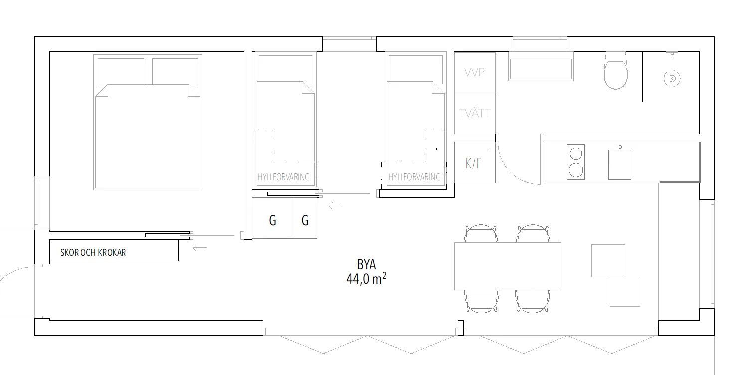 Planritning 44 kvm Boende