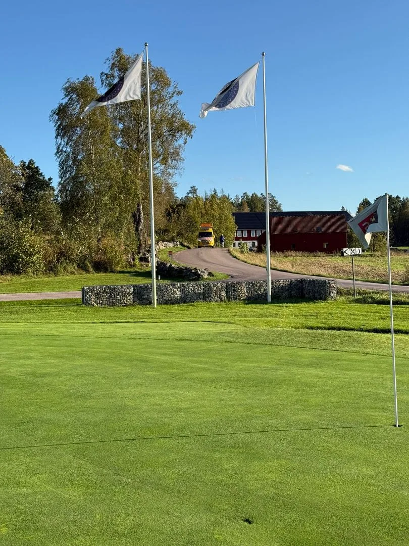 Översikt över golfgreenen och stugorna